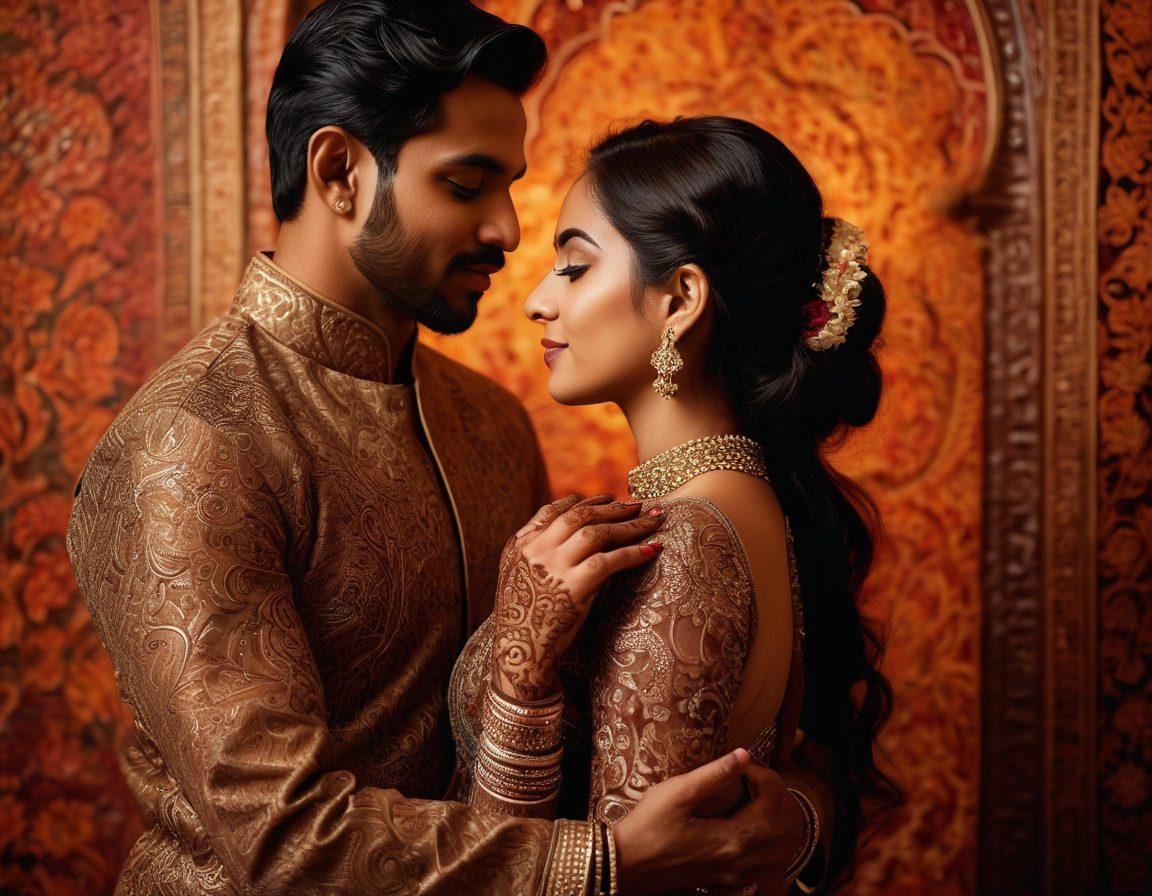 A mesmerizing scene of a traditional South Asian couple in an intimate embrace, set against a backdrop of rich, ornate Indian patterns and colors. Their expressions convey deep connection and sensuality, with intricate henna designs adorning their hands and soft, ambient lighting enhancing the mood. The heritage and beauty of South Asian textiles and ornamentation should be subtly integrated into the image. painting. vibrant colors. vintage aesthetic.