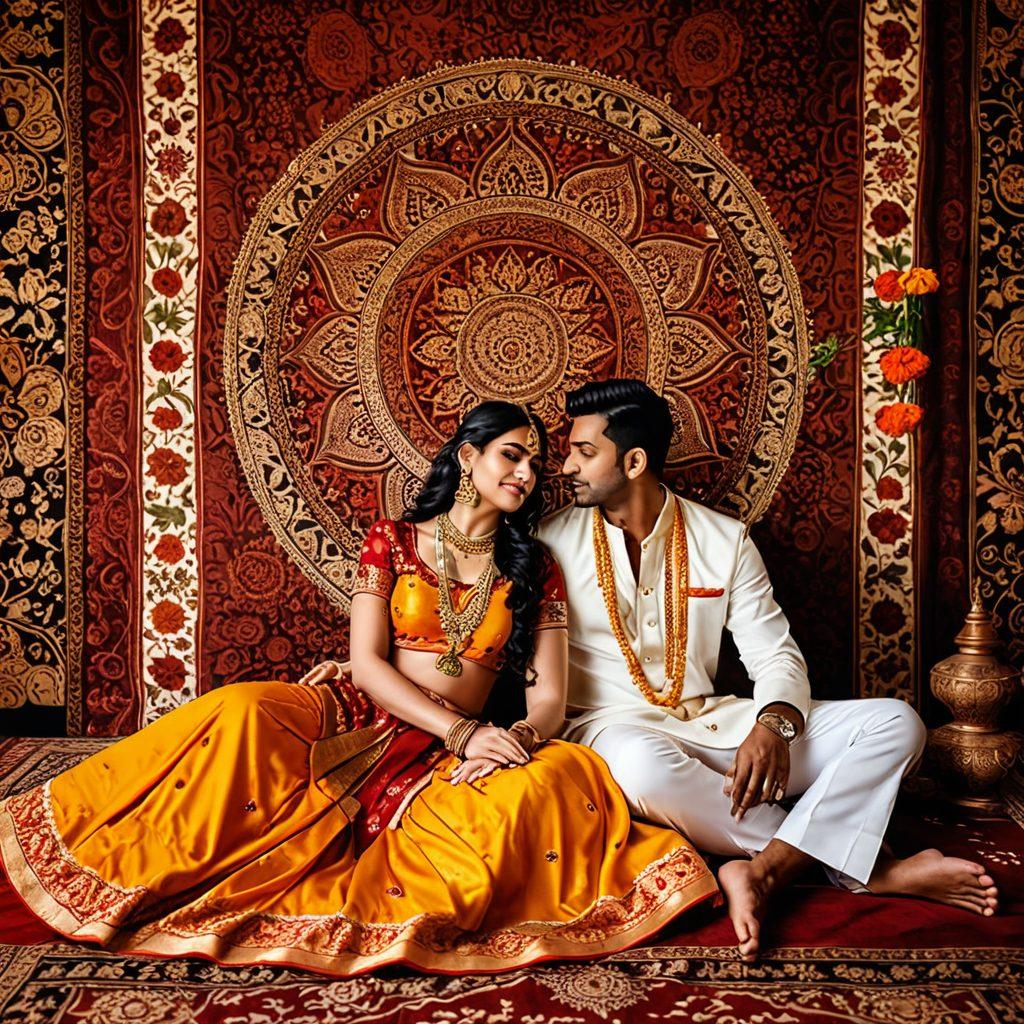 A tantalizing fusion of vibrant hues showcasing a sensuous Indian couple, adorned in traditional yet slightly revealing attire, set against an opulent tapestry backdrop. The couple should be surrounded by symbols of Indian culture like incense, marigold flowers, and intricate henna designs. Their expressions should radiate both passion and intimacy. super-realistic. vibrant colors.