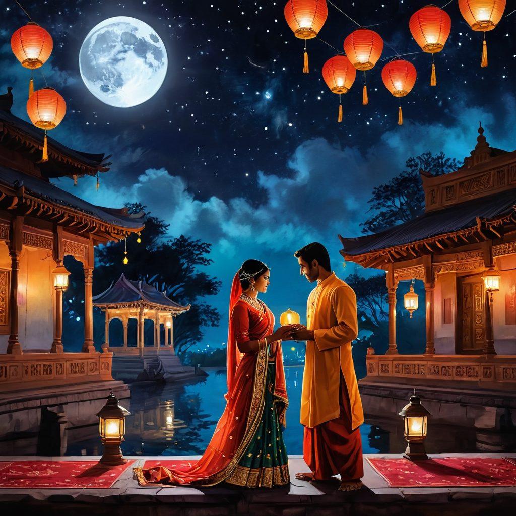 A romantic Indian couple adorned in traditional attire, sharing an intimate moment under a moonlit sky, surrounded by a backdrop of rich cultural elements such as intricately designed lanterns, bold fabrics, and ornate temples. The scene emits warmth and an air of mystery, capturing the essence of traditional eroticism. vibrant colors. digital painting.